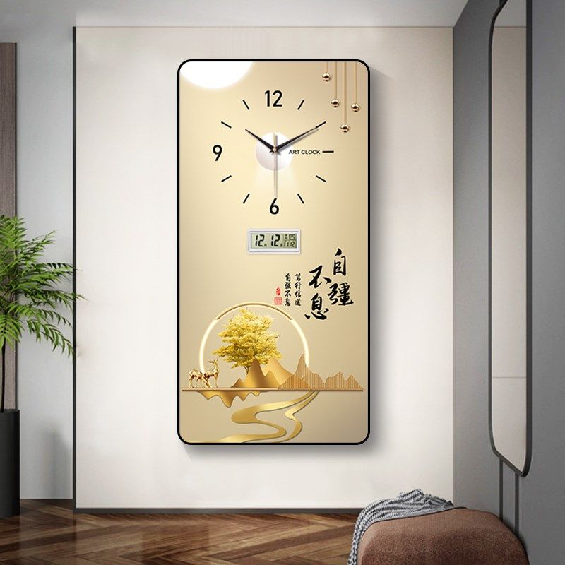自强不息励志装饰画静音挂钟客厅时尚钟表带温度玄关日历时钟画图片