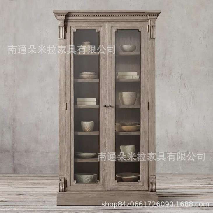 美式复古实木书柜带玻璃门实木双开门门餐边柜法式高端展示柜