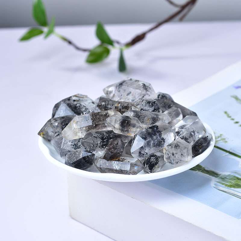 天然黑糖心闪灵钻双尖黑幽灵黑流沙水晶原石把玩装饰水晶碎石