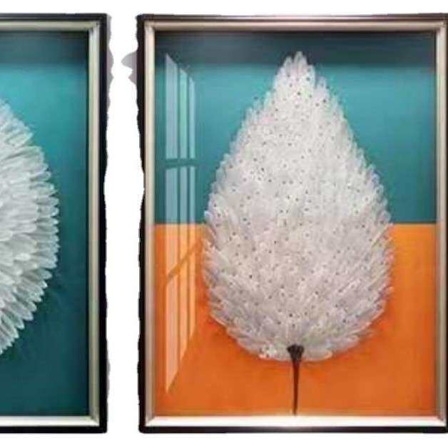三联客厅装饰画羽毛实物装置画立体手工轻奢高端3d沙发背景挂画