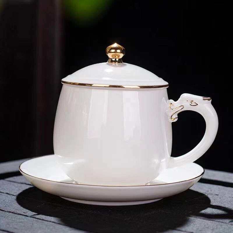 羊脂玉白瓷描金办公室泡茶杯陶瓷咖啡杯大容量杯陶瓷杯带盖马克杯