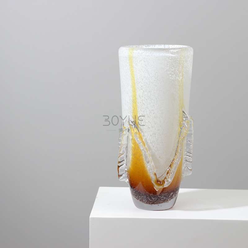 简约轻奢琥珀色裙边手工琉璃花瓶样板间客厅餐厅鲜花软装饰品摆件
