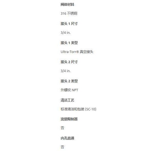 世伟洛克SS-12-UT-1-12不锈钢Ultra-Torr真空接头NPT外螺纹3/4in.