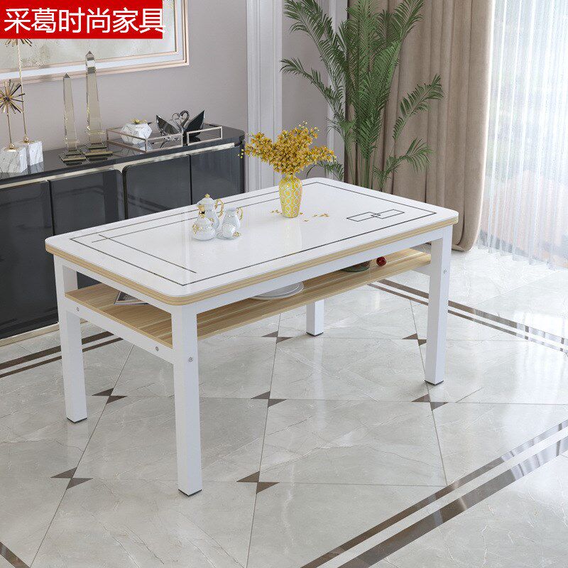 钢化玻璃双层餐桌椅组合小户型家用储物吃饭桌子客餐厅长方形桌椅