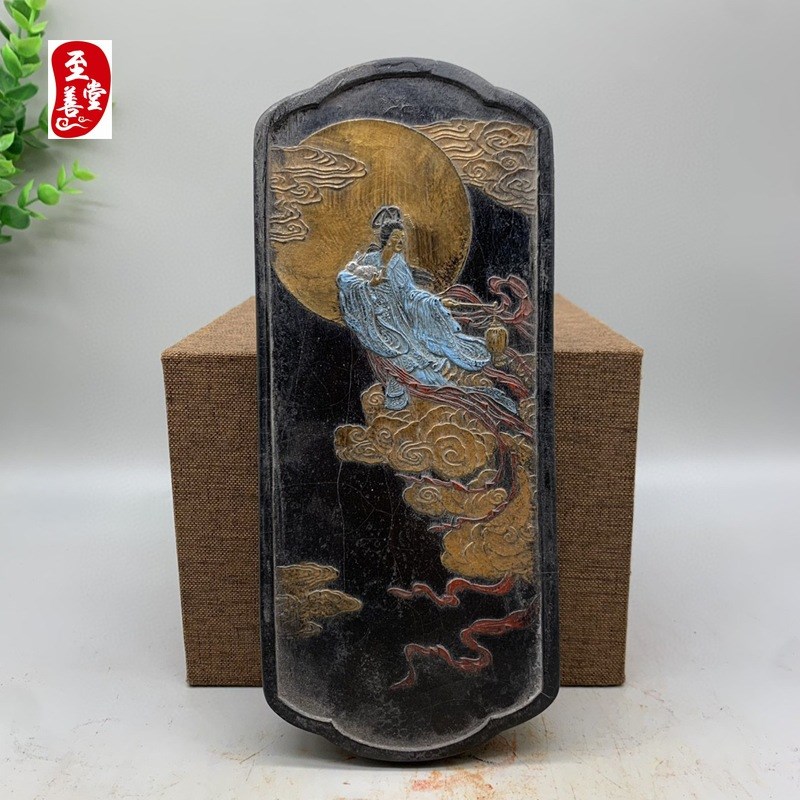 古玩收藏仿彩绘描金老墨块z墨锭103嫦娥奔月 摆件装饰