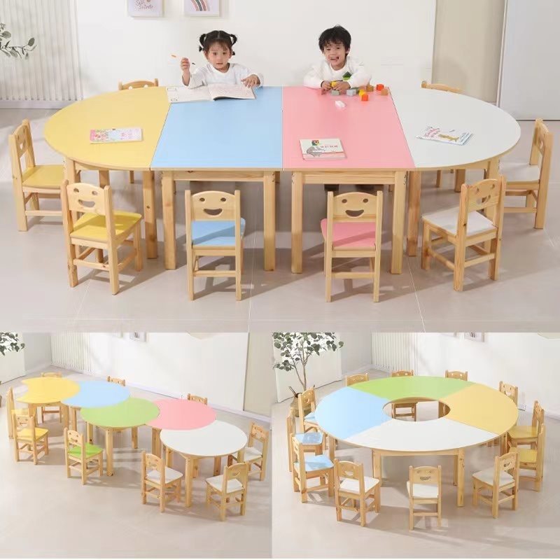 幼儿园儿童早教绘画桌多人组合桌培训班课桌彩色实木学习桌椅