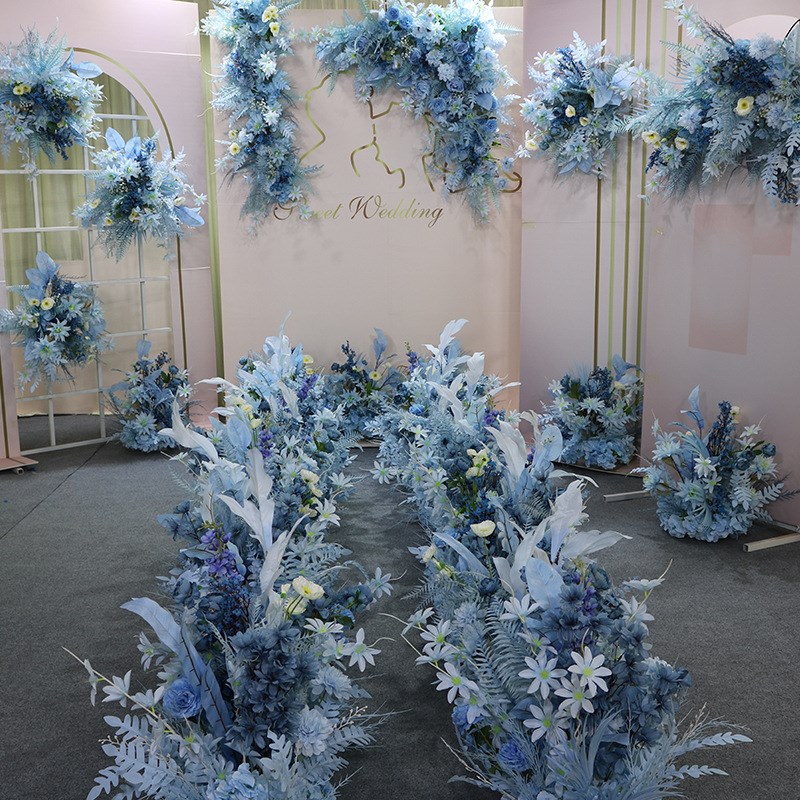 婚庆蓝色系婚礼j场景套系花艺仿真花排花路引花点背景舞台迎宾布