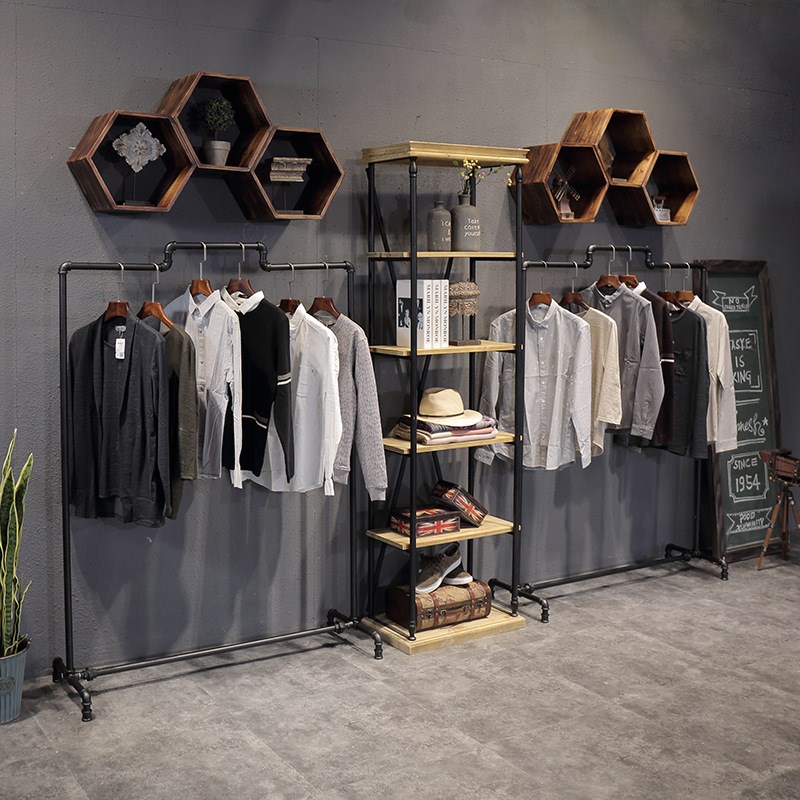 美式实木创意置物架 p服装店铁艺展示服装架 工业风落地女装挂衣