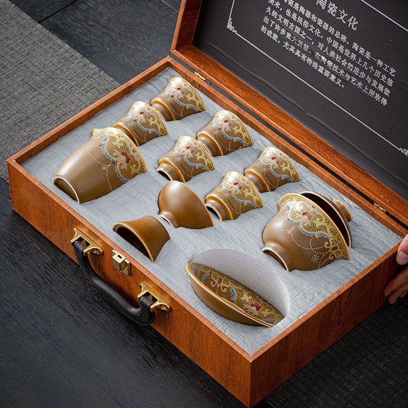 轻奢复古粗陶茶具套装陶r瓷功夫盖碗提梁壶茶具办公会客家用泡茶
