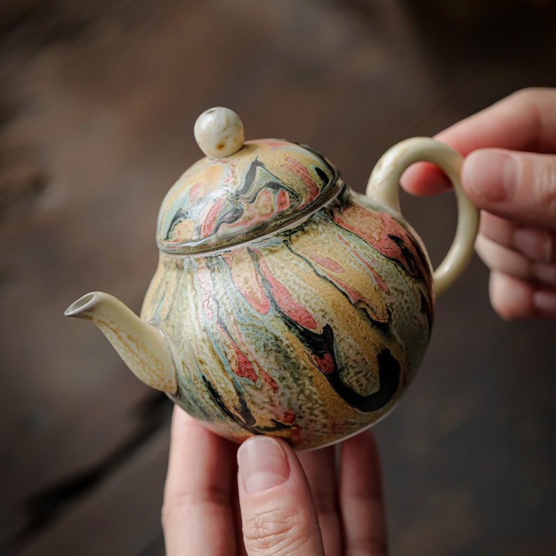 轻奢高档手作敦煌油画个性茶壶 家用高档把玩茶盏壶陶瓷茶壶单壶