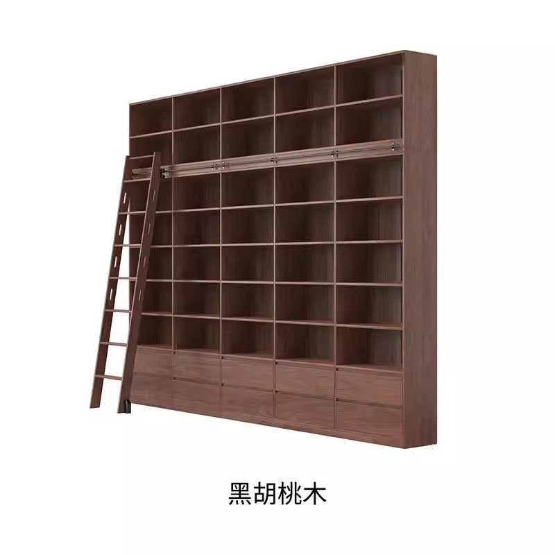 北欧一体满墙e落地书架到顶实木黑胡桃木去客厅化整面墙书柜滑楼