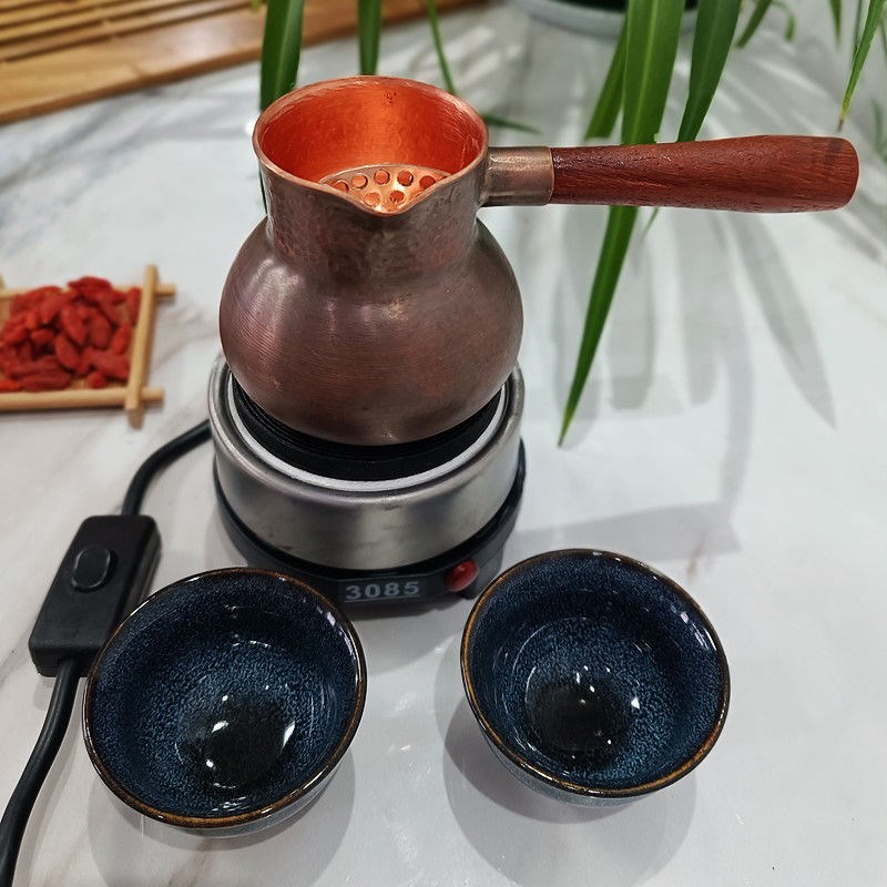 甘肃罐罐茶纯铜茶罐煮s茶壶分茶器加厚木把电炉整套茶具复古