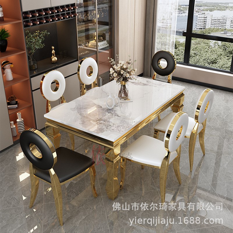 轻奢长方形不锈钢k大理石餐桌现代简约家用金属时尚创意餐桌皮餐