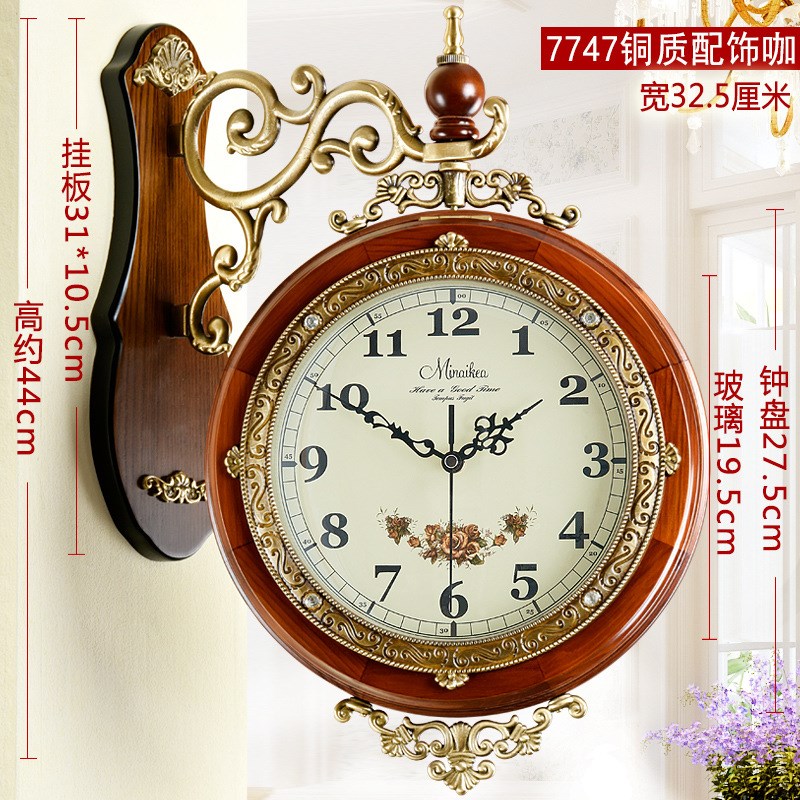 欧式时尚铜e配件客厅挂钟木质仿古静音石英钟表田园时钟厂价