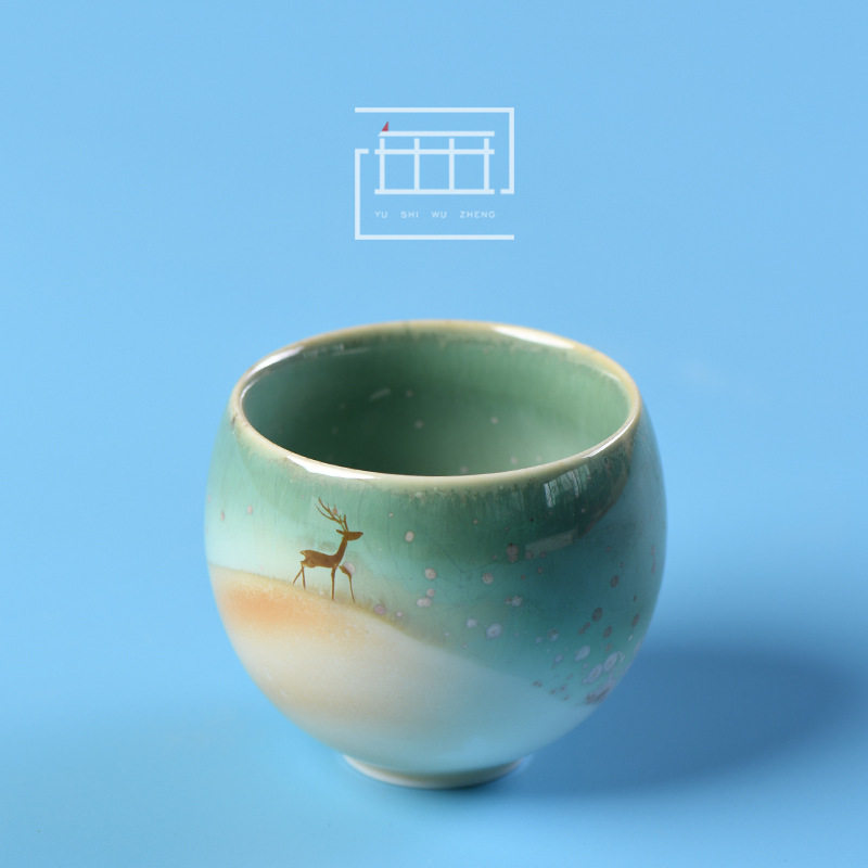 小鹿寻芳手绘陶瓷茶杯结晶窑变釉创意茶具单杯大号品茗杯主人杯