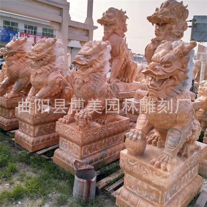 供应石雕麒麟g一对汉白玉晚霞红麒麟貔貅商场酒店庭院门口摆件