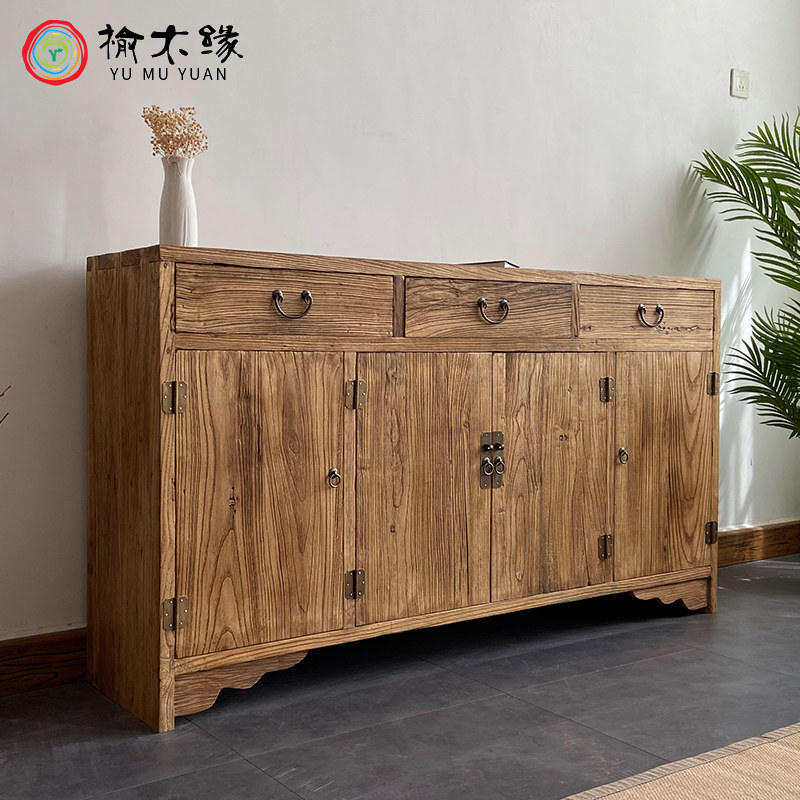 老榆木餐边柜实收中式木物储纳柜靠墙家用置物柜复古客厅玄关