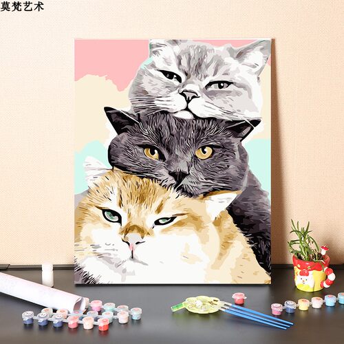 数字油画diy手工填充画只可爱小猫咪宠物手绘涂三填色画油彩色画