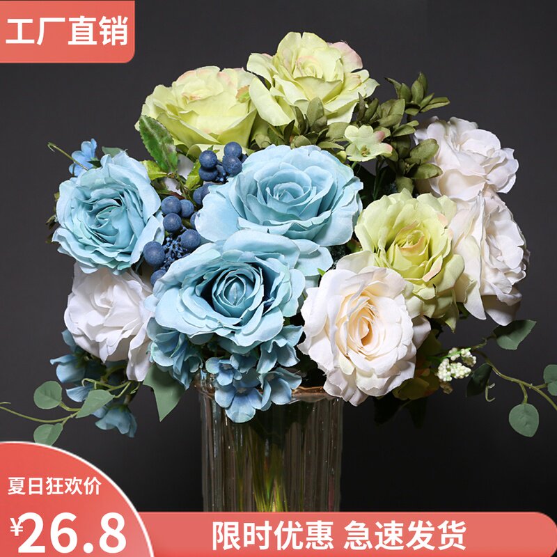 欧式复古仿真插画玫装花束花瓶油花客厅电视柜装饰假花艺套瑰摆件