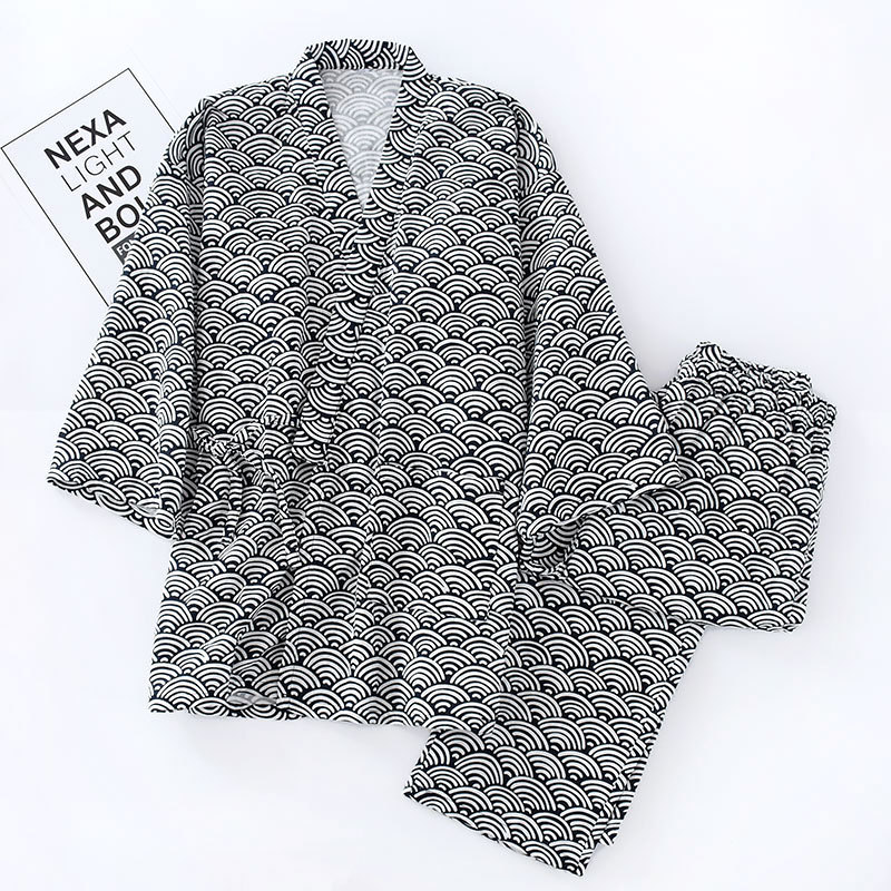 新款男士夏薄款长袖长裤和服睡衣浴衣纯棉纱布居家作务衣宽松大码