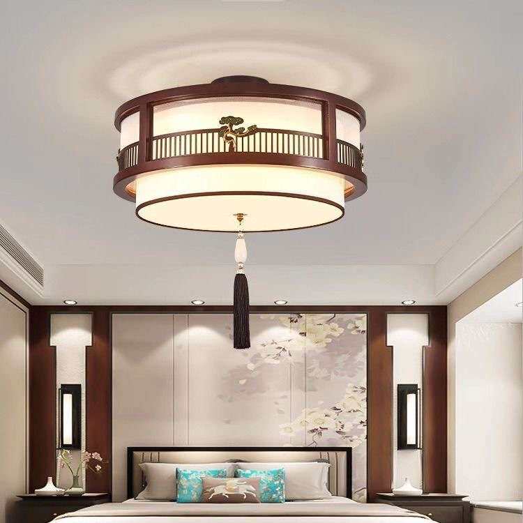 新中式实木吸顶灯玄关阳台圆形灯餐厅走廊过道卧室仿古古典吸顶灯
