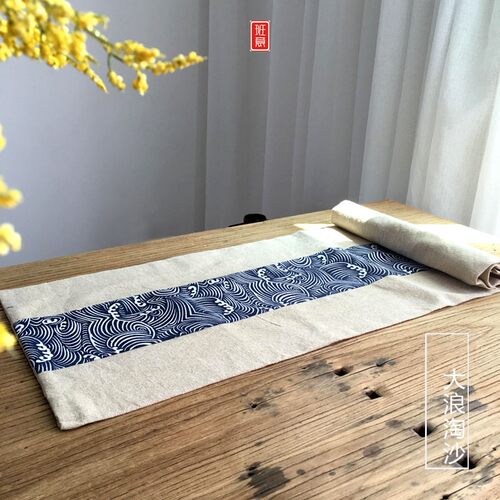 班意复古布艺茶席麻布桌旗 茶道禅意茶帘餐垫 水墨影花茶垫