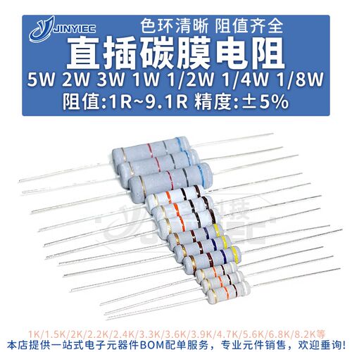 直插碳膜电阻1R5W3W2W1W1/2W1/4W色环2R3R3.6R4.7R5.1R欧姆5%