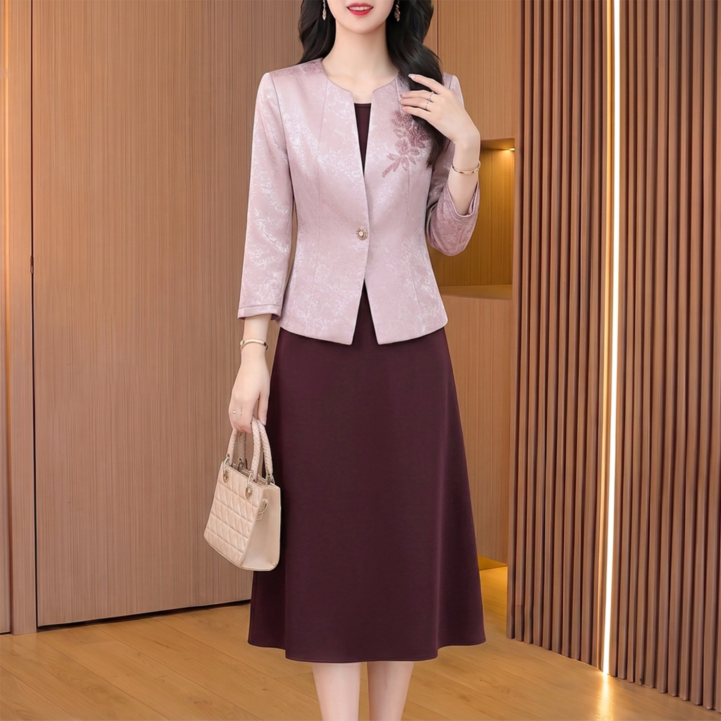 喜婆婆婚宴西装套装连衣裙女2026新款秋季高质感高贵年轻妈妈礼服