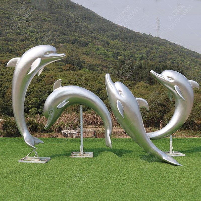 户外仿真不锈钢海豚雕塑玻璃钢园林景观海洋主题摆U件草坪动物小