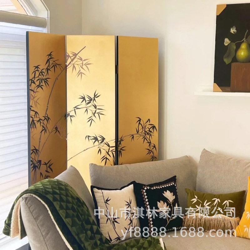 手绘金箔屏风漆画竹隔断客厅酒吧餐厅酒店玄关竹子折叠移动可遮挡