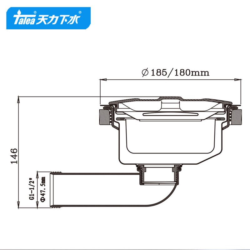 天力日式厨房f水槽不锈钢下水器180/185mm后置提篮落水器侧排出水
