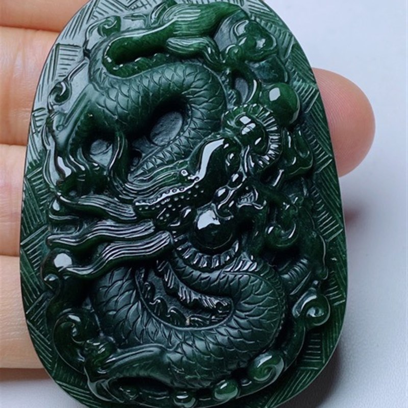 缅甸天然翡翠Ax货墨翠 龙牌打灯透绿