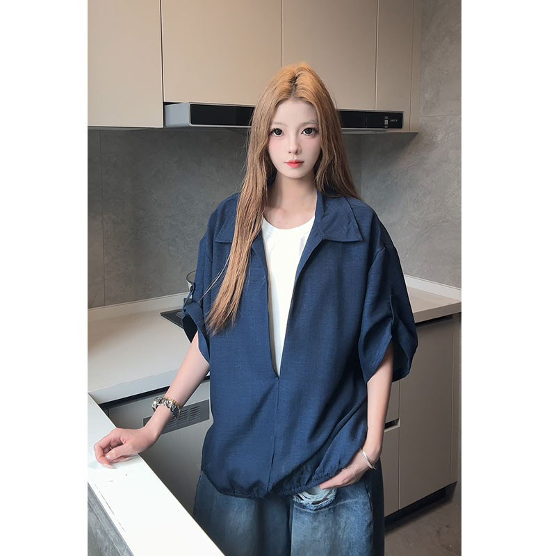 美式慵懒风假两件短袖衬衫男女夏季薄款宽松潮流仿亚麻半袖T恤