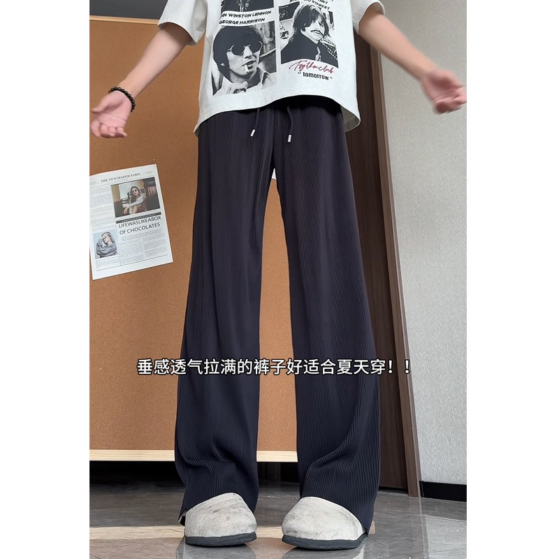 黑色竖条纹冰丝直筒裤子男图片