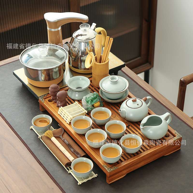 实木茶盘套装陶瓷功夫紫砂玻璃茶具茶杯整套带电磁炉家用茶台茶海