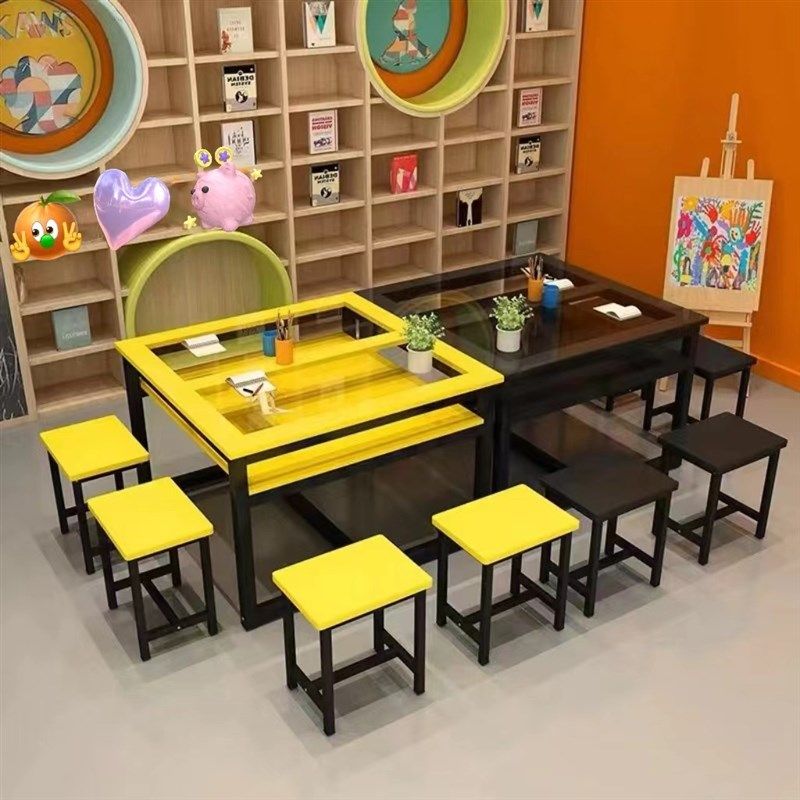 儿童美术桌画室桌子儿童画画手工桌幼儿园小学桌子书X法桌钢化玻