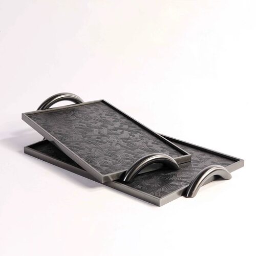 现代简约金属皮革皮质双耳把手长方形托盘创意装饰摆件桌面样板间