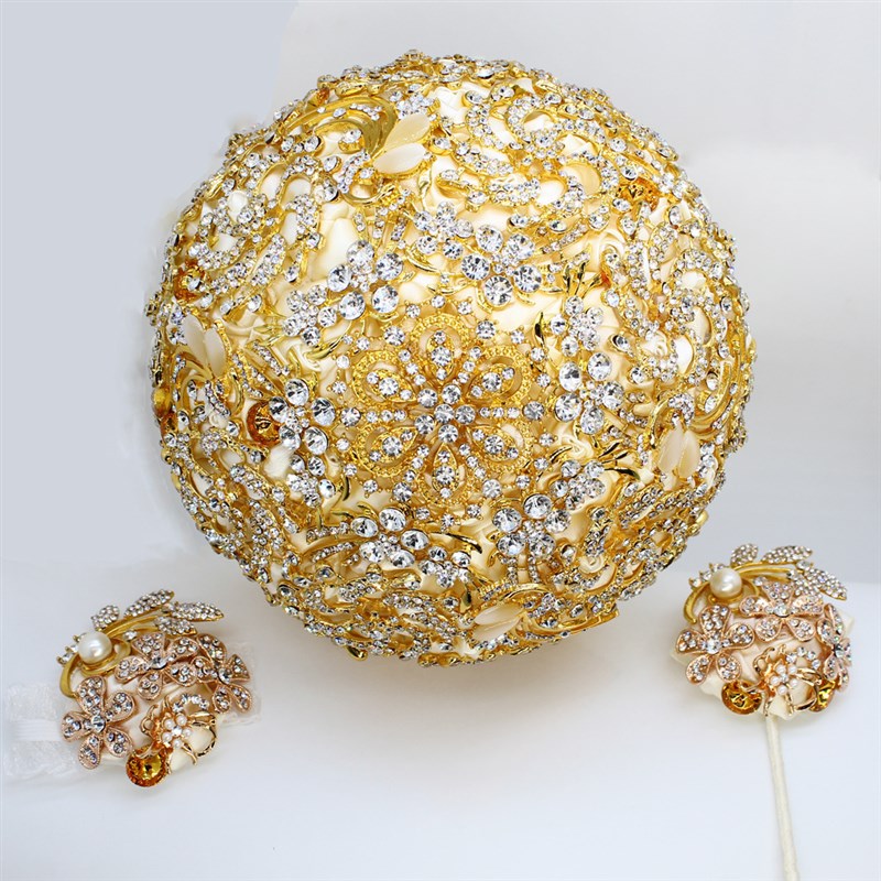 满钻新娘手捧花套装 金色水钻婚礼捧花胸花手腕花组合R套装W888G-