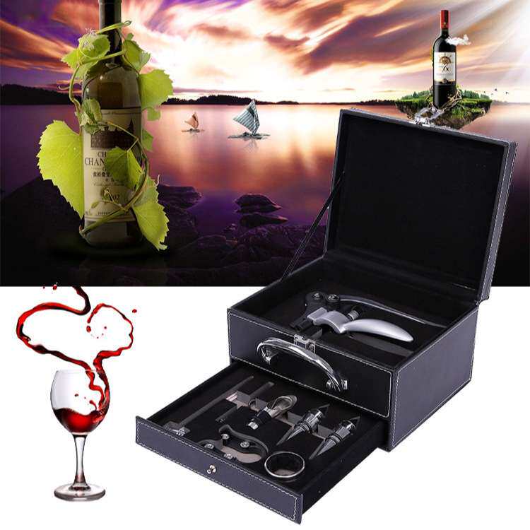 现货抽屉皮盒酒具套装木盒兔型开瓶器套装合金兔耳开酒器8件套
