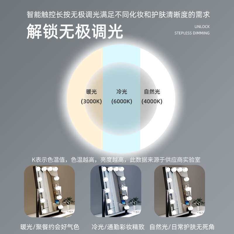化妆镜带灯led灯泡台式桌面梳妆镜智能触控专用化妆师镜子美妆镜