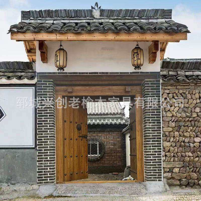 老榆木民宿大门复古庭院木门户外仿古实木大门别墅双开门中式大门