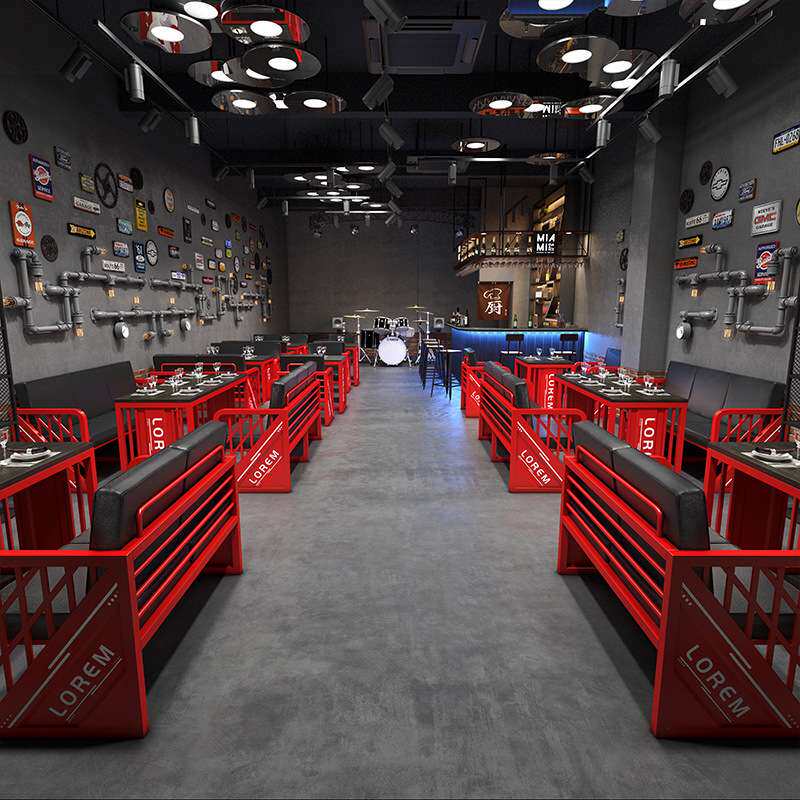 卡座酒吧清吧复古铁艺沙发咖啡烧烤店商用餐厅餐桌椅组合实木商用