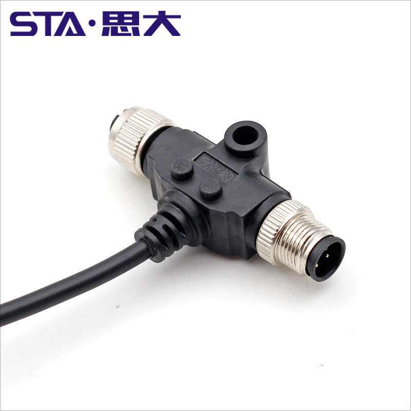 M12 T型航空插头3 4 5 8芯带线公头+母头分接头 Y型防水连接器