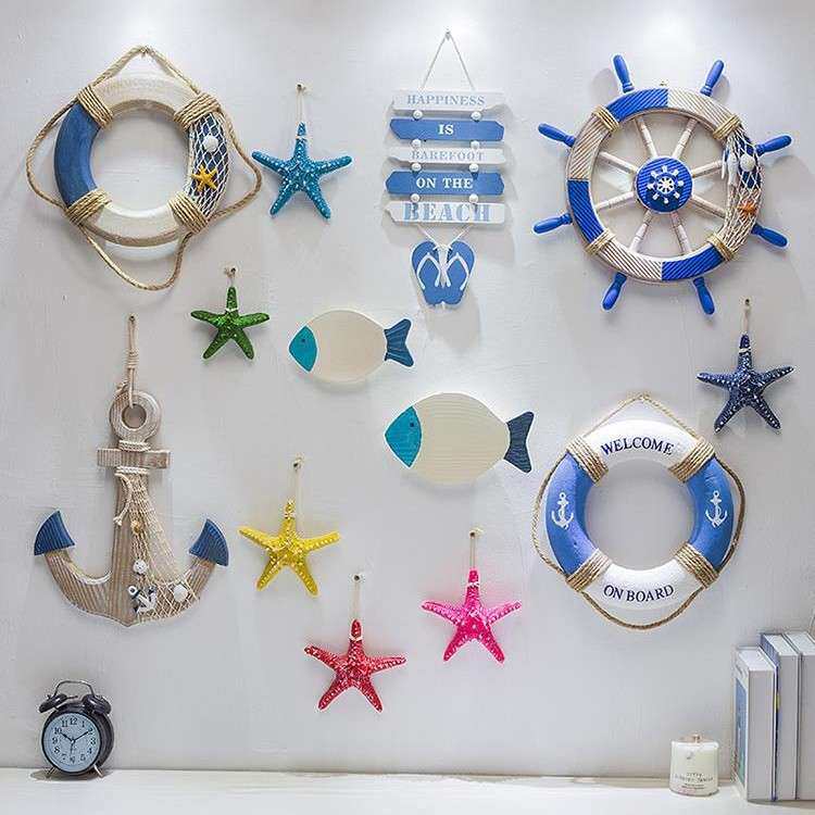 。地中海装饰组合挂件海洋风格船舵挂饰泳圈海星渔网墙面壁饰装饰