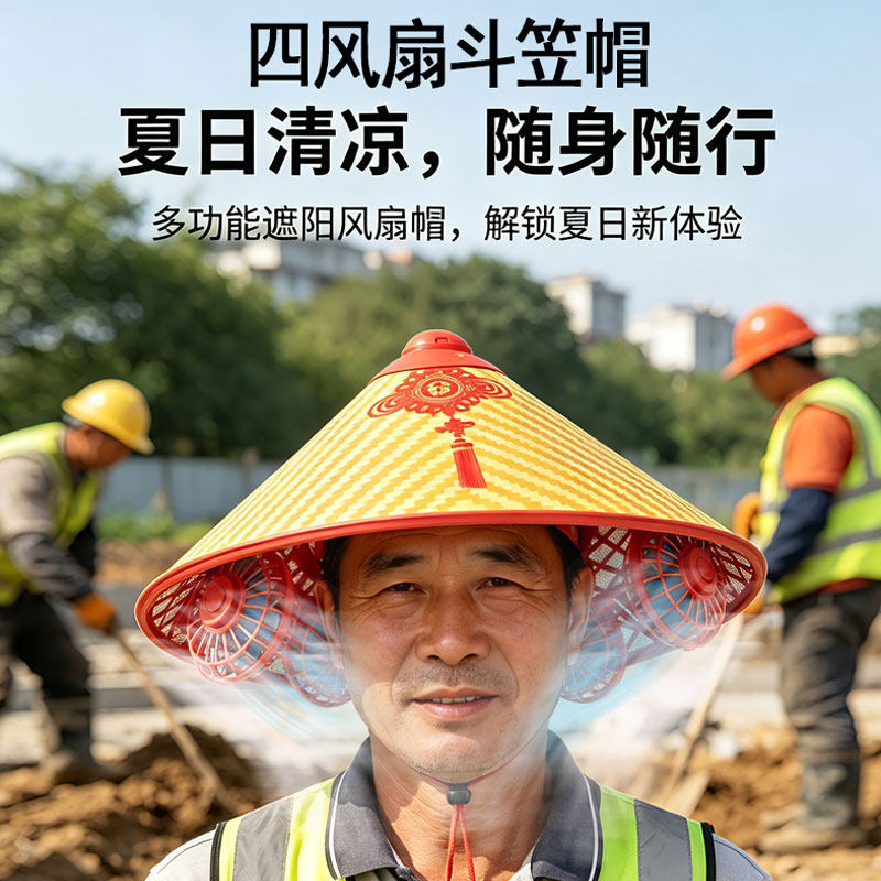 大风力风扇斗笠帽子4风扇夏天户外钓鱼干活务农环卫工人遮阳防晒