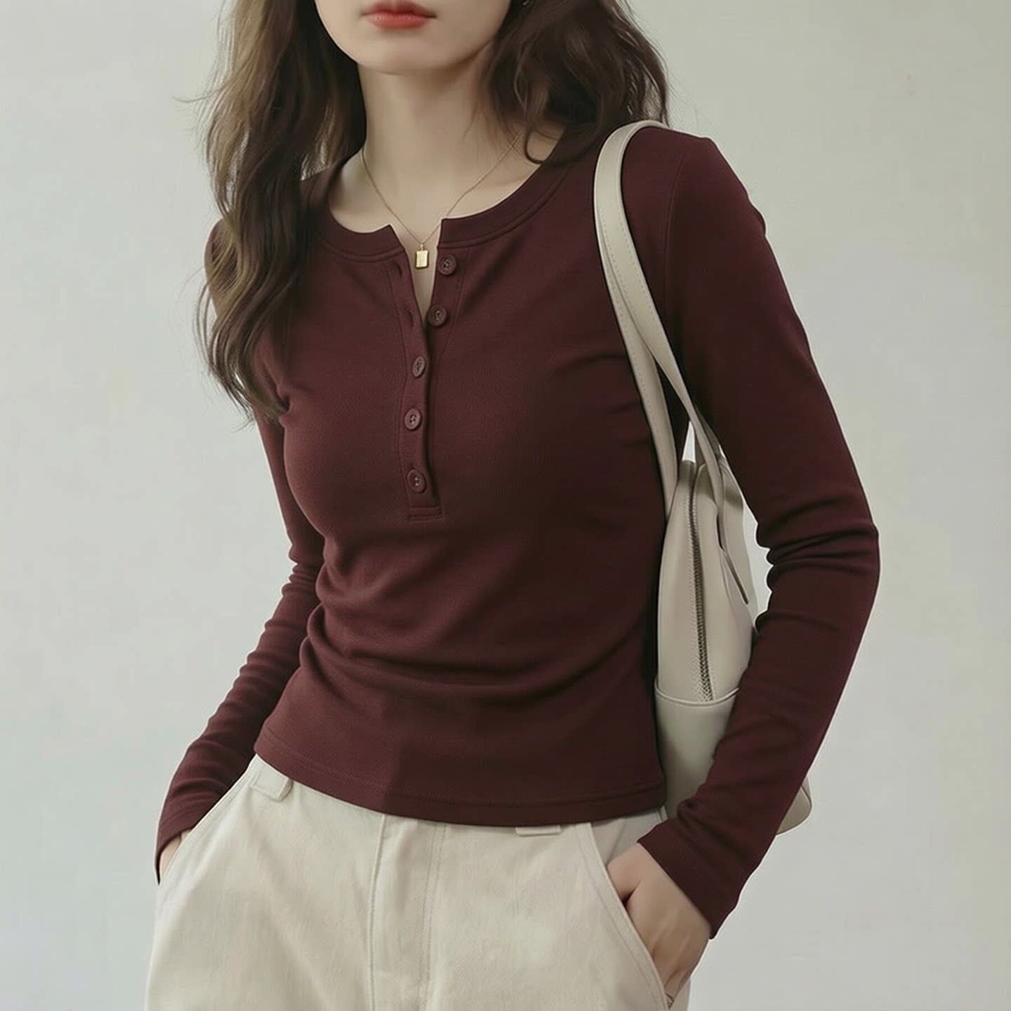 美拉德亨利领红色长袖t恤女2026新款秋装打底衫内搭修身显瘦上衣