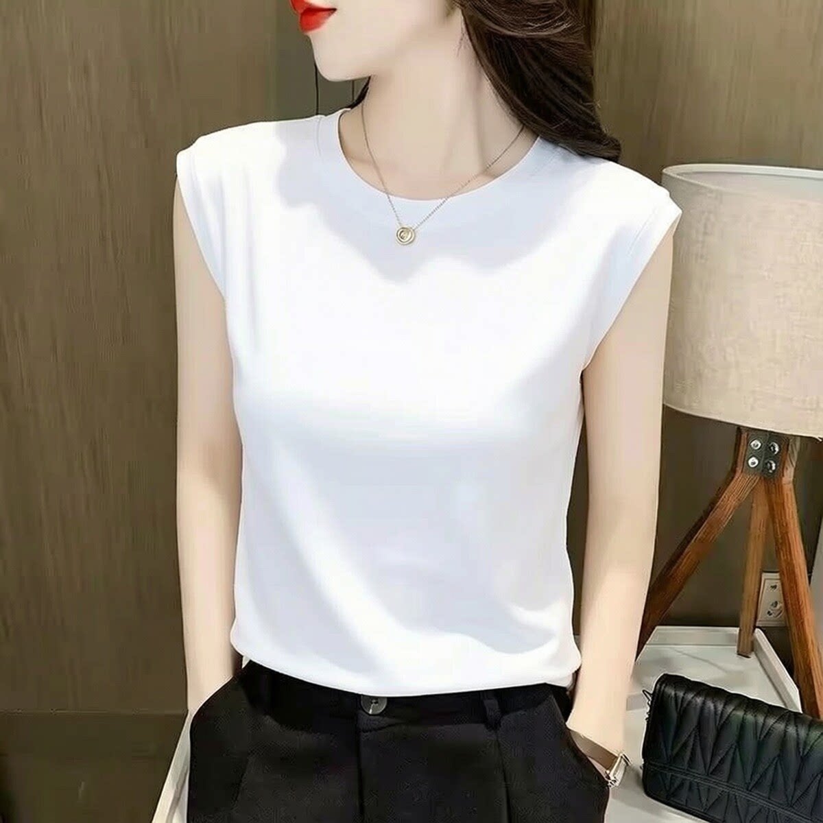 冰丝白色短袖无袖背心女夏季宽松圆领外穿内搭打底衫休闲t恤上衣图片