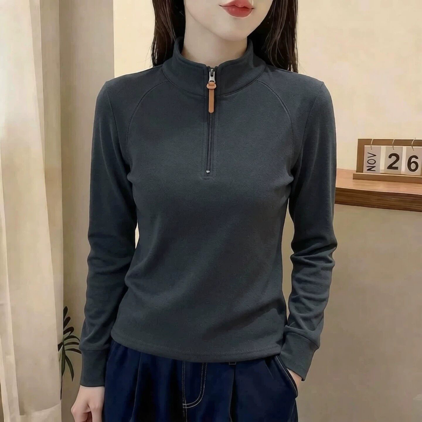 拉链半高领叠穿鱼骨双面德绒磨毛上衣打底衫女装内搭外穿t恤卫衣