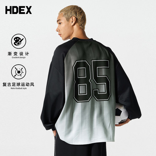 HDEX复古美式橄榄风渐变条纹宽松长袖运动T恤男女同款街头球衣