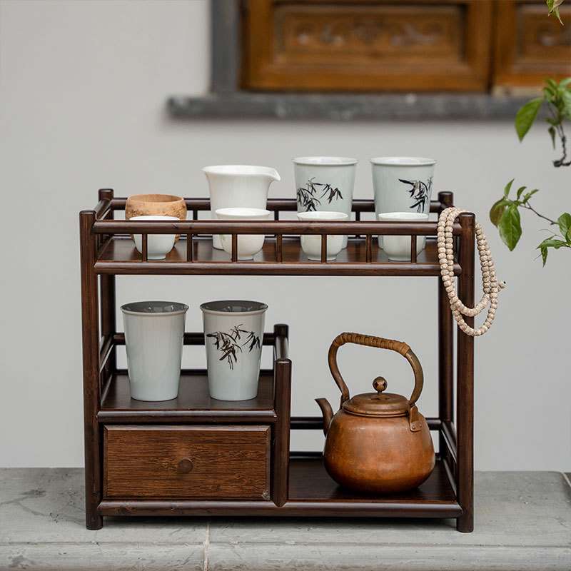 新中式小茶架带抽屉复古茶具收纳架置物架茶道茶杯架茶具配件厂家